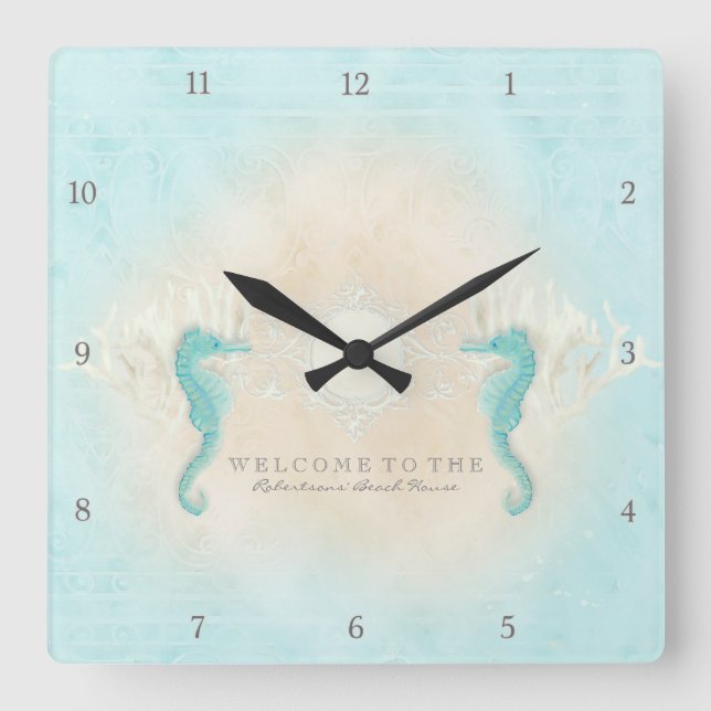 Personalised Beach House Welcome Sign Seahorses Square Wall Clock (Front)