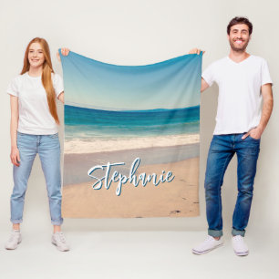 Personalised Beach Photo Ocean Blue Fleece Blanket