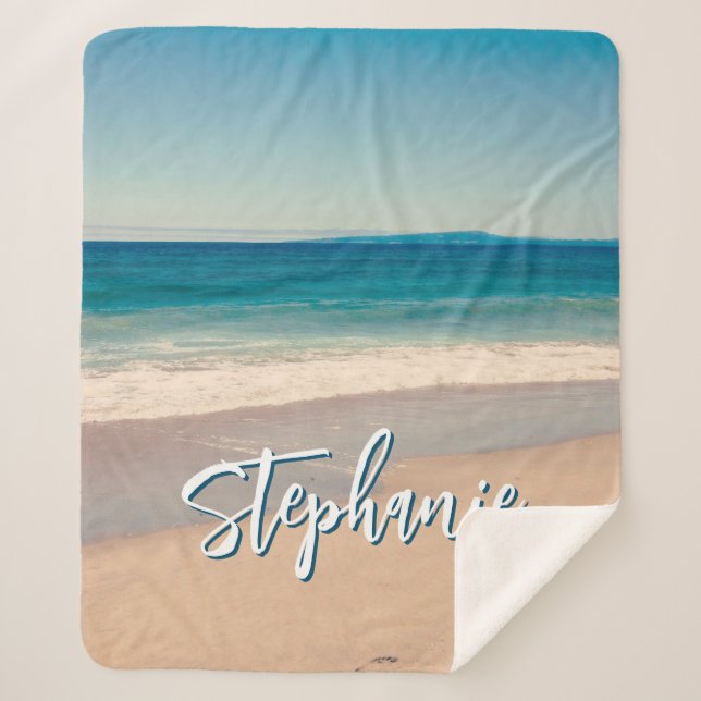 Personalised Beach Photo Ocean Blue M Sherpa Blanket (Front)