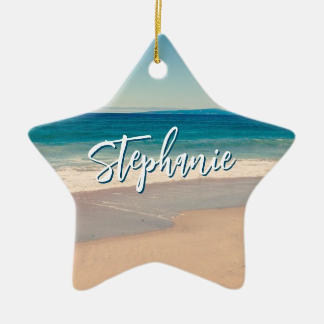 Personalised Beach Photo Ocean Blue Scenic Ceramic Ornament (Front)