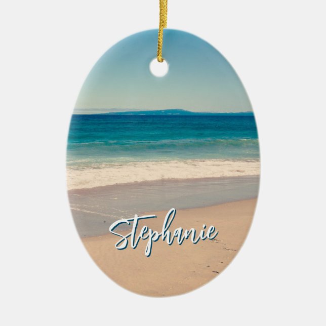 Personalised Beach Photo Ocean Blue Scenic Ceramic Ornament (Front)