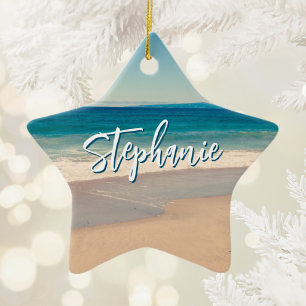Personalised Beach Photo Ocean Blue Scenic Ceramic Ornament
