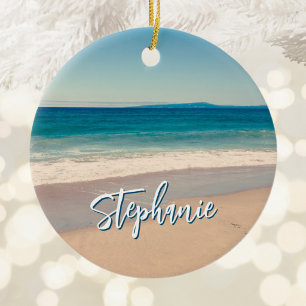 Personalised Beach Photo Ocean Blue Scenic Ceramic Ornament