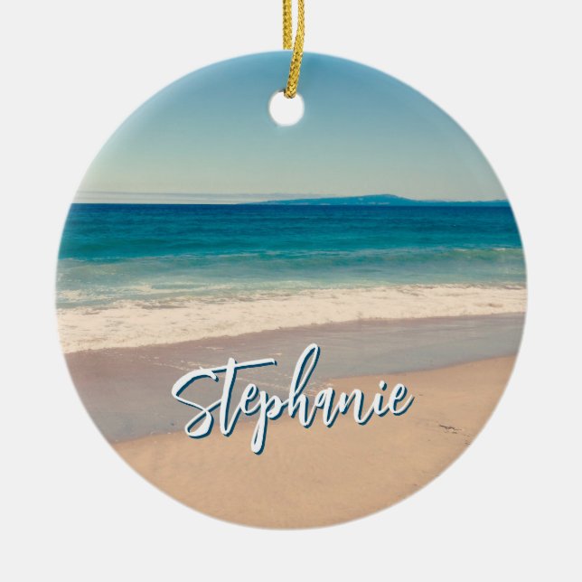Personalised Beach Photo Ocean Blue Scenic Ceramic Ornament (Front)