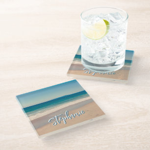 Personalised Beach Photo Ocean Blue Scenic Glass Coaster