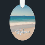 Personalised Beach Photo Ocean Blue Scenic Ornament<br><div class="desc">A lovely vintage style photo of a beach in California oval acrylic Christmas ornament. Customise with her name to create your own custom personalised gift. For shorter names there is plenty of room to increase the font size. There are a lot of lovely modern calligraphy script styles to choose from....</div>