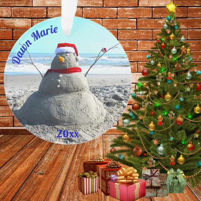 Personalised Beach Sand Santa "Snowman" Ornament (santa hat beach snowman ornament)