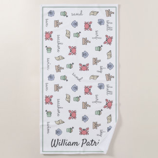 Personalised Beach Sandcastle Crab Shell Pail Kid  Beach Towel