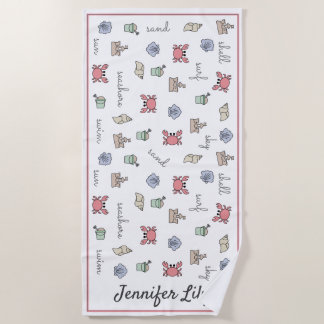 Personalised Beach Sandcastle Crab Shell Pail Kid  Towel