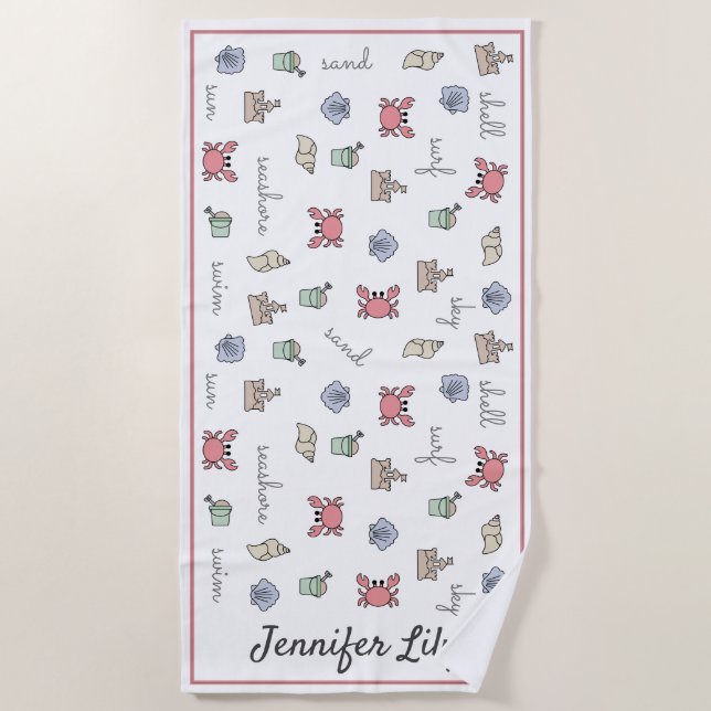 Personalised Beach Sandcastle Crab Shell Pail Kid  Towel (Front)