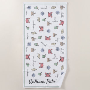 Personalised Beach Sandcastle Crab Shell Pail Kid  Towel