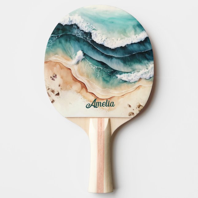 Personalised Beach Sea Waves Coastal Fun Ping Pong Paddle (Front)