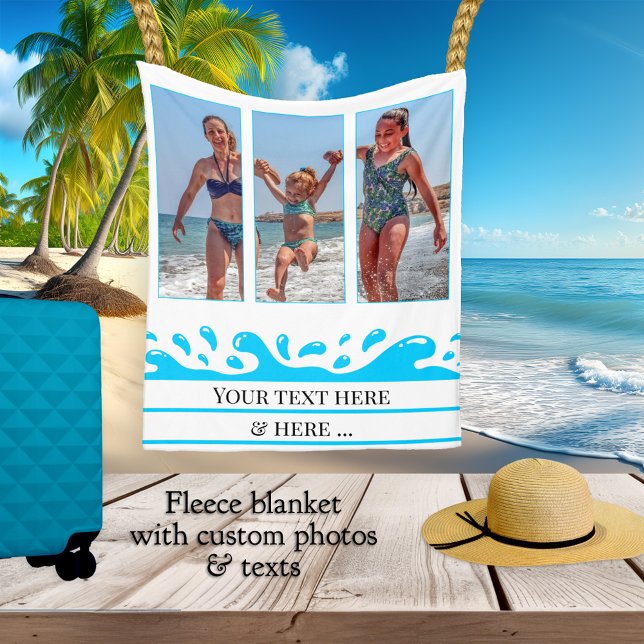 Personalised Beach Splash Photo Fleece Blanket (Fleece blanket featuring your photos and texts with a wave splash image and fresh turquoise stripes)