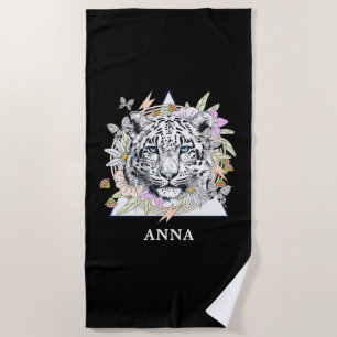 Personalised Beach Towel Custom Name White Tiger