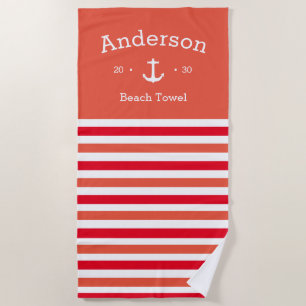 Personalised Beach Towel - Striped O/Red Nautical