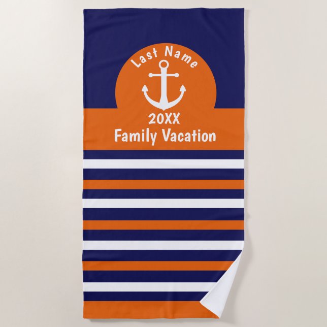 Personalised Beach Towels - Blue and Orange Stripe (Front)