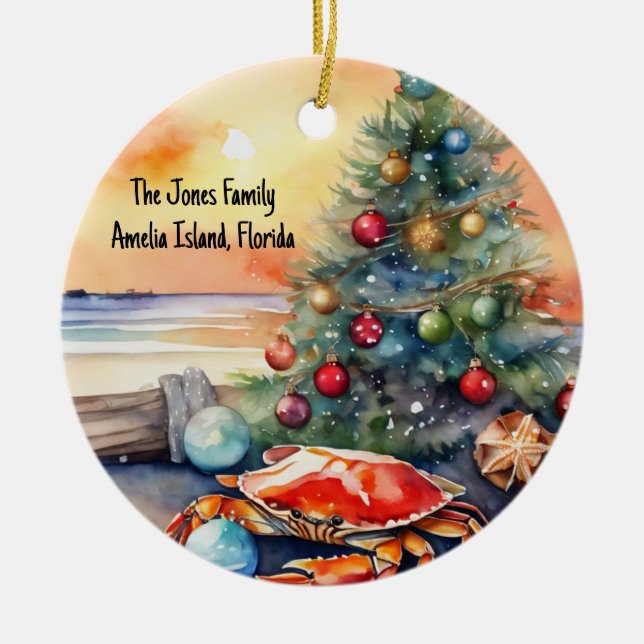 Personalised Beach with Crab Christmas Tree  Ceramic Ornament (Front)