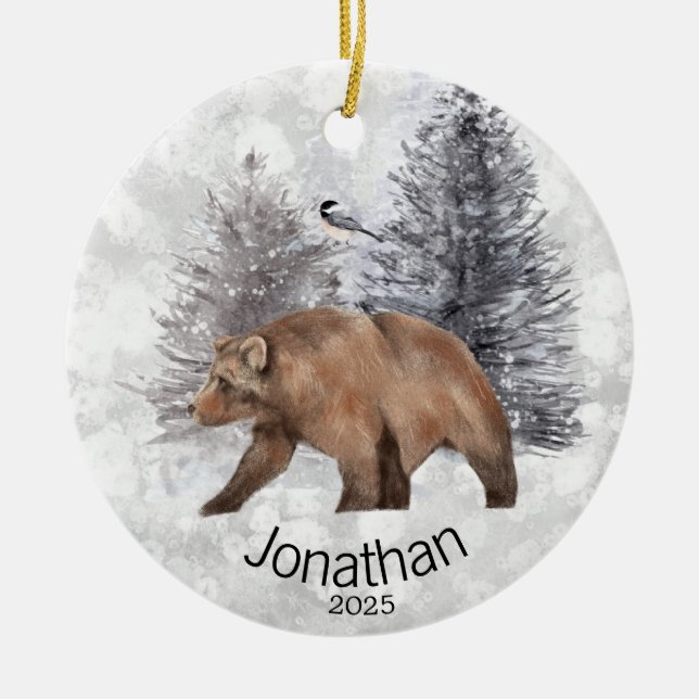 Personalised Bear Bird Winter Cabin       Ceramic Ornament (Front)