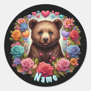 Personalised Bear Cub with Roses and Hearts Classic Round Sticker