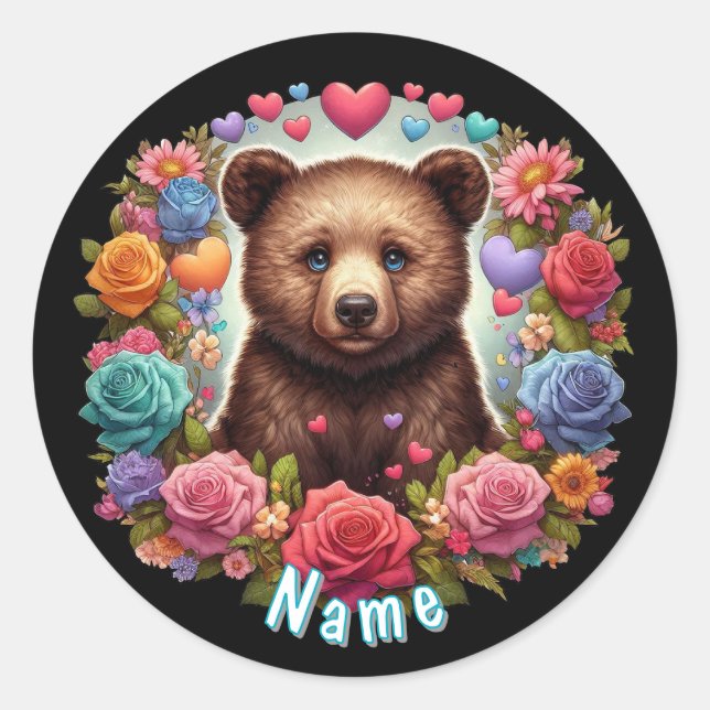 Personalised Bear Cub with Roses and Hearts Classic Round Sticker (Front)