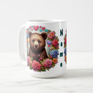 Personalised Bear Cub with Roses and Hearts Coffee Mug