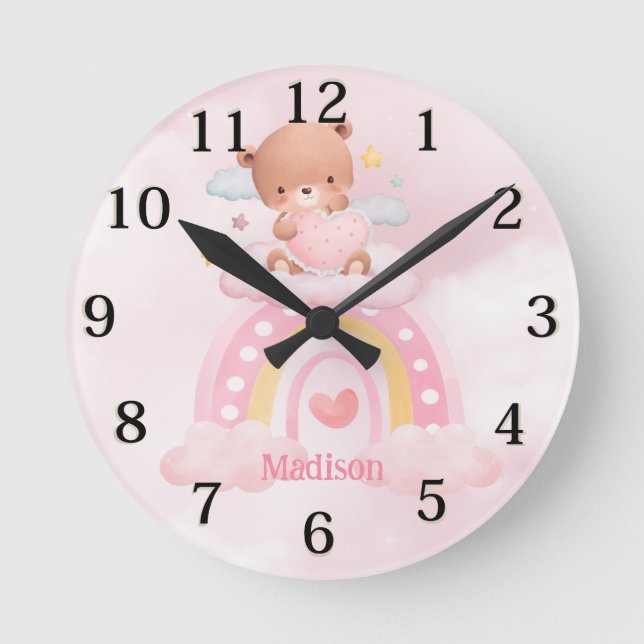 Personalised Bear Girls Rainbow Round Clock (Front)