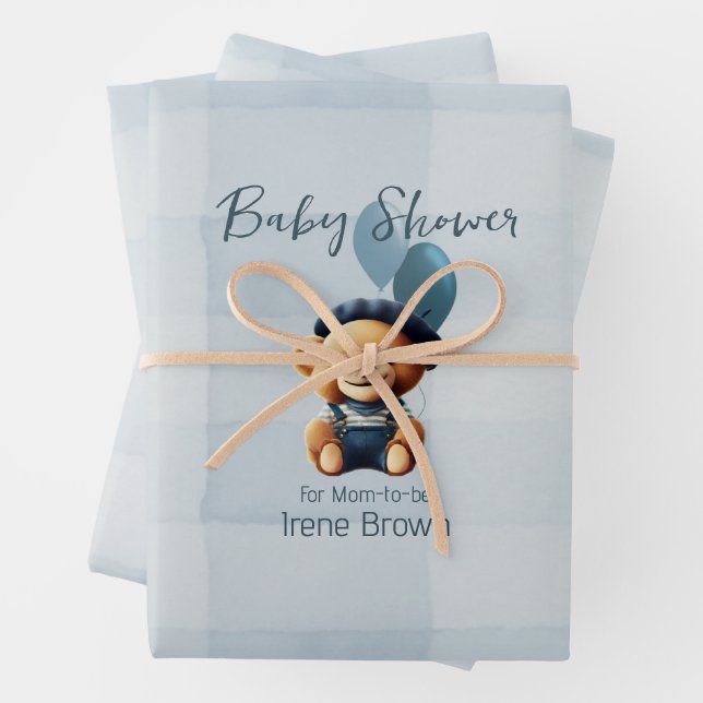 Personalised Bear Jean Baby Shower Gift Wrapping Paper Sheet (In situ)