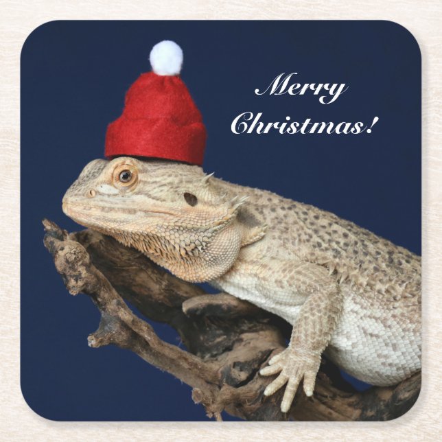 Personalised Bearded Dragon Lizard - Santa Hat Square Paper Coaster (Front)