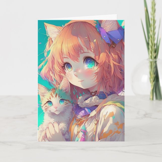 Personalised Beautiful Anime Girl with Cute Kitten Card (Front)