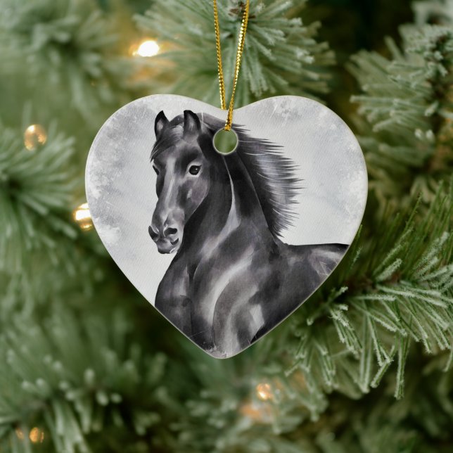 Personalised Beautiful Black Horse Heart Christmas Ceramic Ornament (Tree)