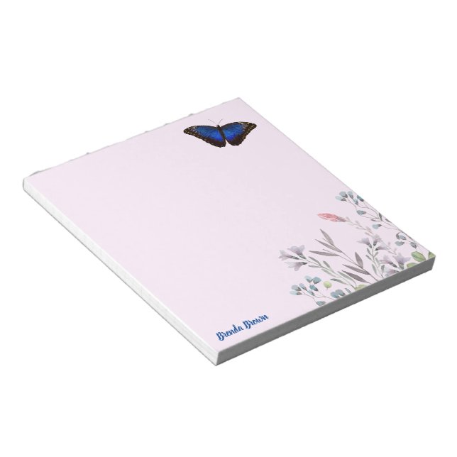 Personalised Beautiful Blue Morpho Butterfly Lilac Notepad (Angled)