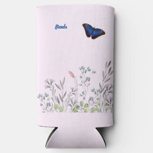 Personalised Beautiful Blue Morpho Butterfly Lilac Seltzer Can Cooler