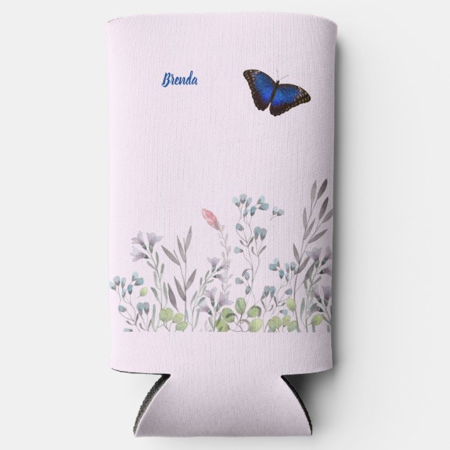 Personalised Beautiful Blue Morpho Butterfly Lilac Seltzer Can Cooler (Front)