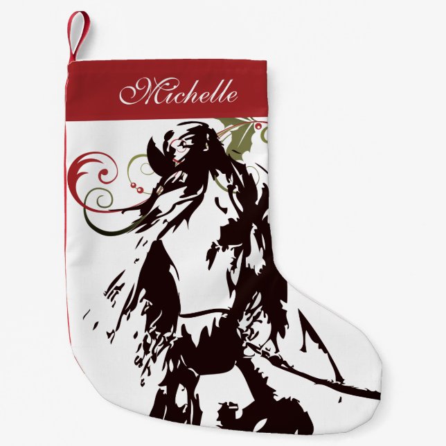 Personalised Beautiful Horse and Holly Holiday Small Christmas Stocking (Front)