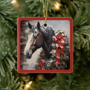 Personalised Beautiful Horse with Wreath Christmas Ceramic Ornament
