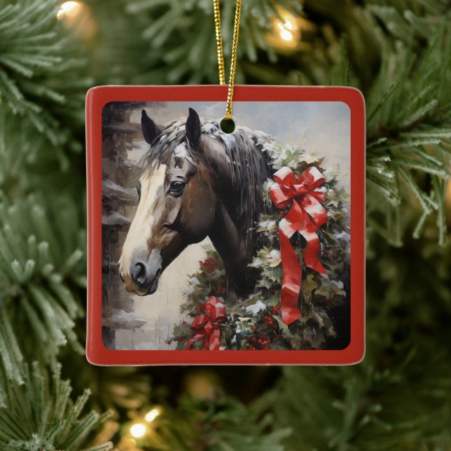 Personalised Beautiful Horse with Wreath Christmas Ceramic Ornament (Tree)