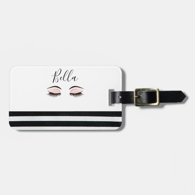 Personalised Beautiful Long Black Eyelashes Stripe Luggage Tag (Front Horizontal)