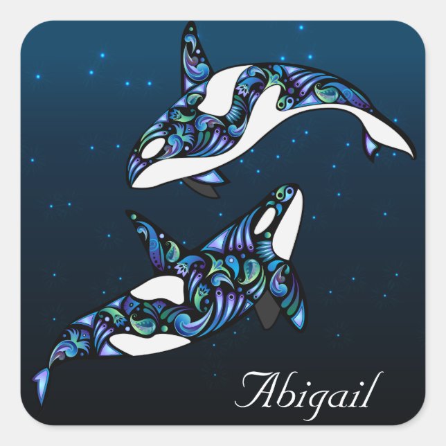 Personalised Beautiful Orca Whale Couple Square Sticker (Front)