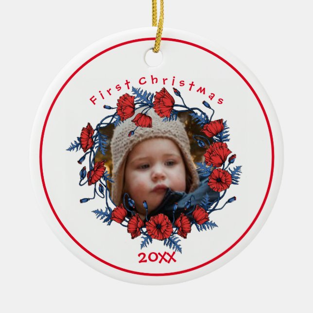 Personalised Beautiful Poppy Wreath Ceramic Ornament (Front)