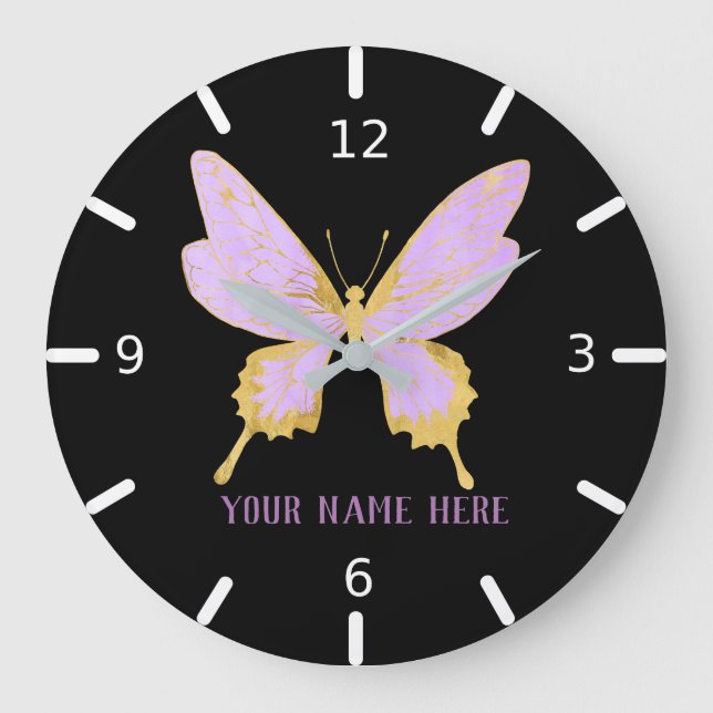 Personalised Beautiful Purple & Gold Butterfly Large Clock (Front)