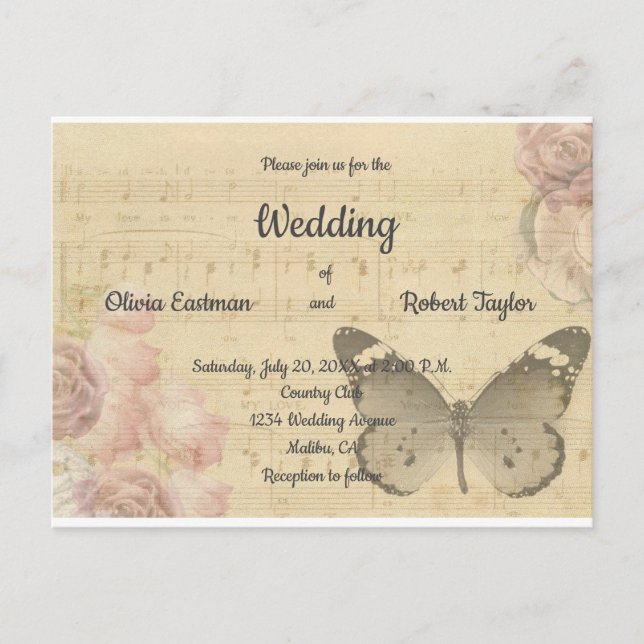 Personalised beautiful romantic butterfly wedding postcard (Front)