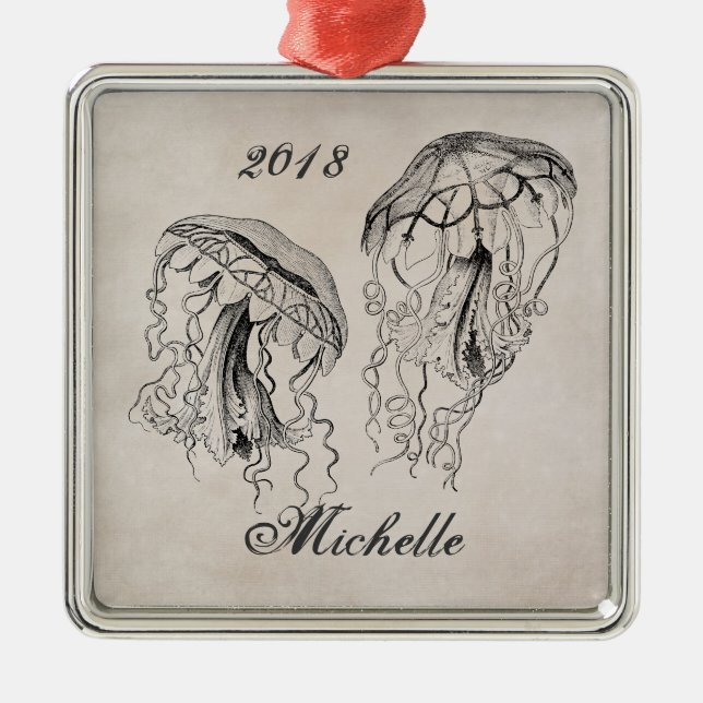 Personalised Beautiful Vintage Jellyfish Beach Metal Ornament (Front)