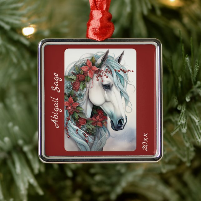 Personalised Beautiful White Horse Christmas Metal Ornament (Tree)