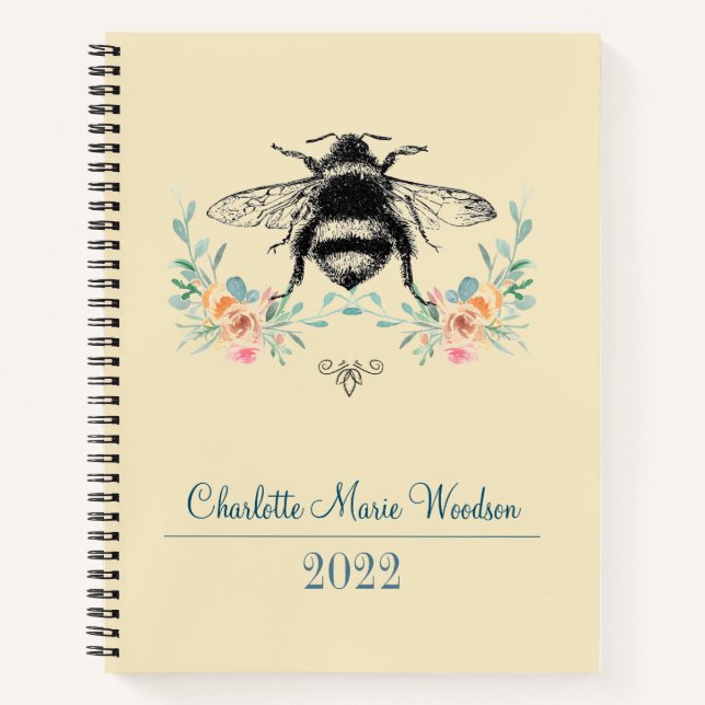 Personalised Bee Blush Pink Green Floral Notebook (Front)