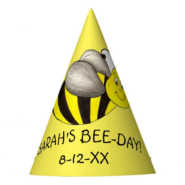 Personalised Bee Day Yellow Bumblebee Birthday Party Hat (Front)