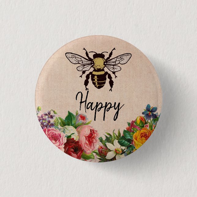 Personalised Bee Happy Button (Front)