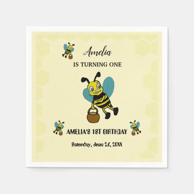 Personalised Bee theme 1st Birthday party Napkin (Front)