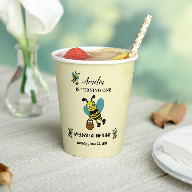 Personalised Bee theme 1st Birthday party Paper Cups (Insitu)