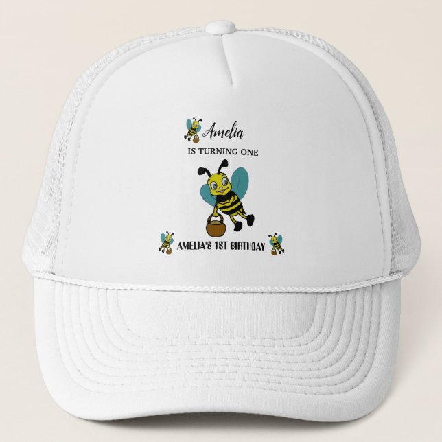 Personalised Bee theme 1st Birthday party Trucker Hat (Front)
