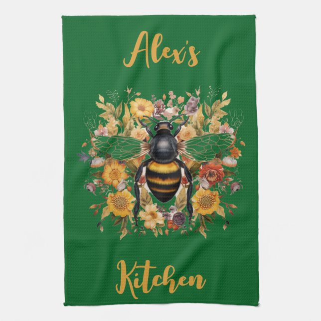 Personalised Bee & Wildflowers -  Tea Towel (Vertical)